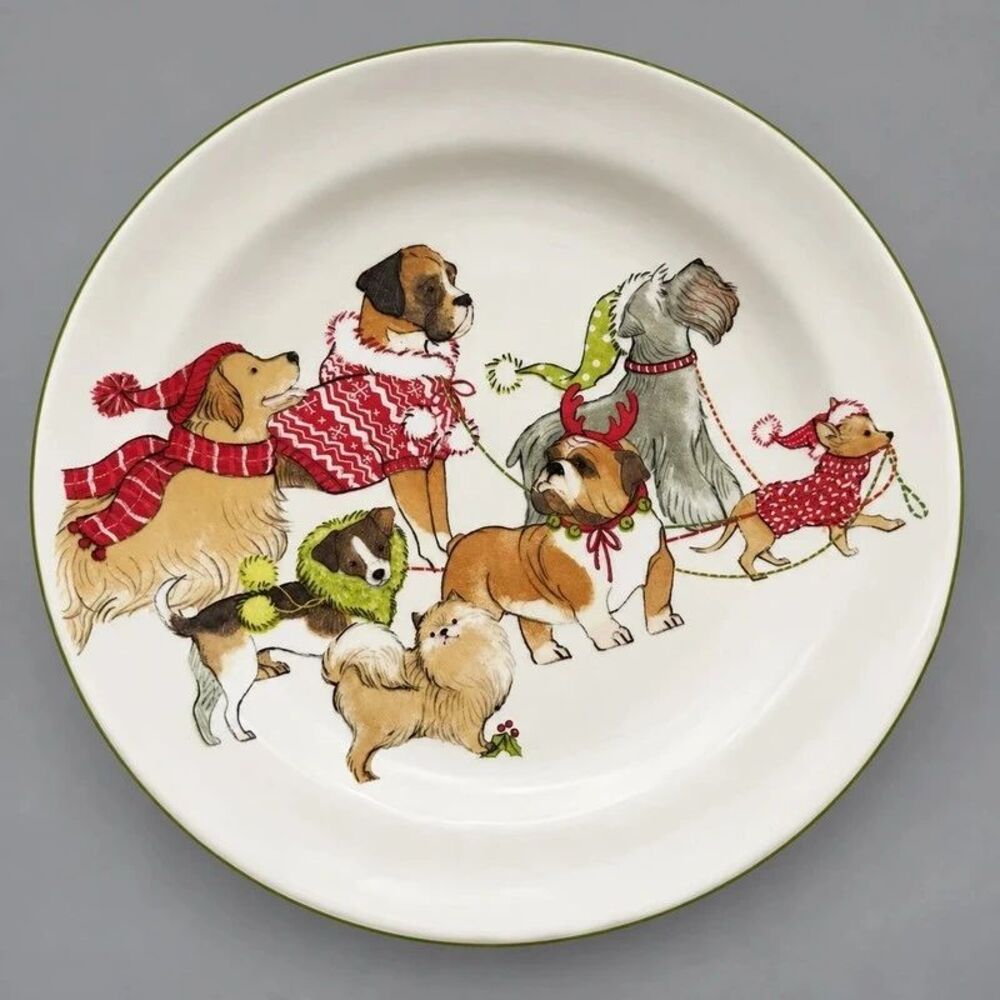 Pier 1 Park Avenue Puppies Christmas Salad Plate Dogs Hand Painted